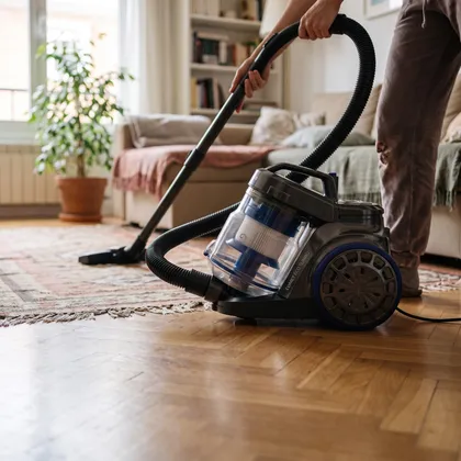 Aspirator Taurus Comet Eco Turbo tras după cineva care aspiră covorul dintr-un living